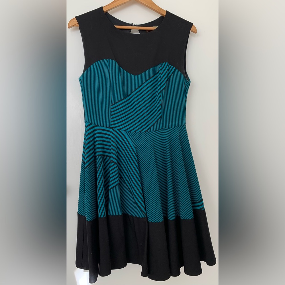 Eva Franco (Anthropologie) sleeveless dress, teal with black stripes. Size 8.